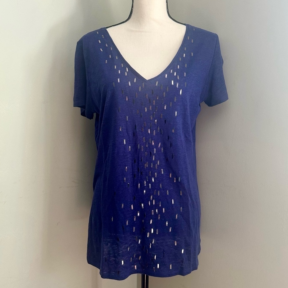 Eileen Fisher | Navy V-neck Linen Tee with Metallic Embellishment | Medium
